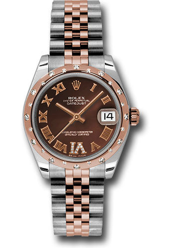Rolex Steel and Everose Gold Datejust 31 Watch - 24 Diamond Bezel - Chocolate Diamond Roman Vi Roman Dial - Jubilee Bracelet - 178341 chodrj