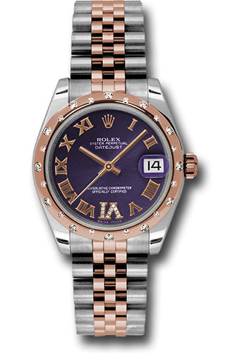 Rolex Steel and Everose Gold Datejust 31 Watch - 24 Diamond Bezel - Purple Diamond Roman Vi Roman Dial - Jubilee Bracelet - 178341 pdrj