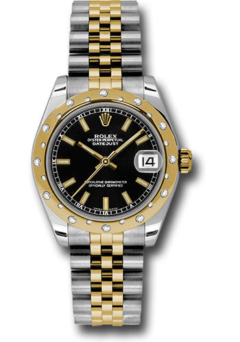 Rolex Steel and Yellow Gold Datejust 31 Watch - 24 Diamond Bezel - Black Index Dial - Jubilee Bracelet - 178343 bkij