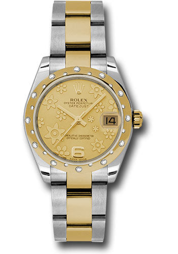 Rolex Steel and Yellow Gold Datejust 31 Watch - 24 Diamond Bezel - Champagne Floral Motif Dial - Oyster Bracelet - 178343 chfo