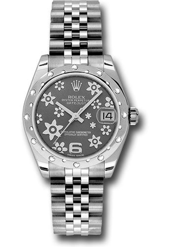 Rolex Steel and White Gold Datejust 31 Watch - 24 Diamond Bezel - Dark Rhodium Floral Motif Dial - Jubilee Bracelet - 178344 rfj
