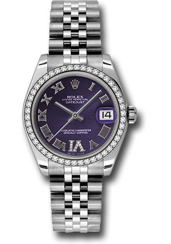 Rolex Steel and White Gold Datejust 31 Watch - 46 Diamond Bezel - Purple Diamond Roman Vi Roman Dial - Jubilee Bracelet - 178384 pdrj
