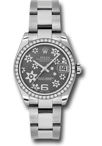 Rolex Steel and White Gold Datejust 31 Watch - 46 Diamond Bezel - Dark Rhodium Floral Motif Arabic 6 Dial - Oyster Bracelet - 178384 rfo