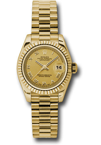 Rolex Yellow Gold Lady-Datejust 26 Watch - Fluted Bezel - Champagne Roman Dial - President Bracelet - 179178 chrp