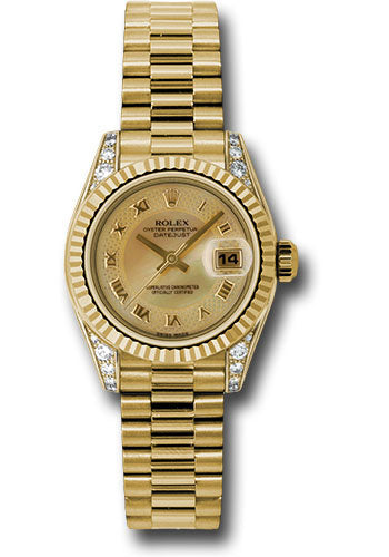 Rolex Yellow Gold Lady-Datejust 26 Watch - Fluted Bezel - Champagne Decorated Mother-Of-Pearl Roman Dial - President Bracelet - 179238 chmdrp