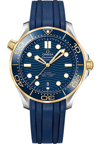 Omega Seamaster Diver 300M Co-Axial Master Chronometer Watch - 42 mm Steel And Yellow Gold Case - Unidirectional Bezel - Blue Ceramic Dial - Blue Rubber Strap - 210.22.42.20.03.001