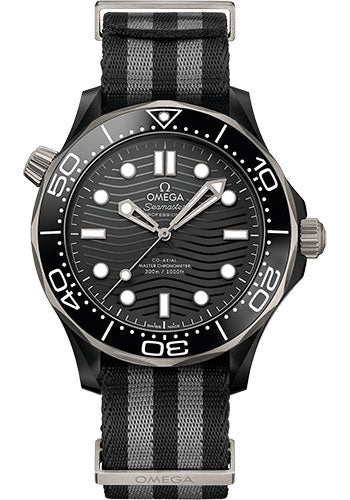 Omega Seamaster Diver 300M Co-Axial Master Chronometer Watch - 43.5 mm Black Ceramic Case - Brushed Black Ceramic [Zro2] Dial - 5-Stripe Black And Grey Nato Strap - 210.92.44.20.01.002