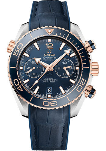 Omega Planet Ocean 600 M Omega Co-axial Master Chronometer Chronograph Watch - 45.5 mm Sedna Gold And Steel Case - Unidirectional Blue Ceramic Bezel - Blue Ceramic Dial - Blue Leather Strap - 215.23.46.51.03.001