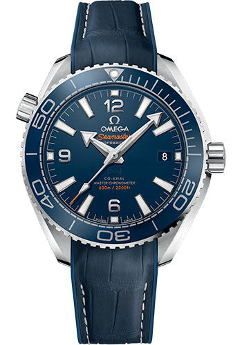 Omega Planet Ocean 600M Co-Axial Master Chronometer Watch - 39.5 mm Steel Case - Unidirectional Blue Ceramic Bezel - Black Dial - Blue Leather Strap - 215.33.40.20.03.001