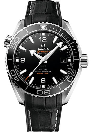 Omega Planet Ocean 600 M Omega Co-axial Master Chronometer Watch - 43.5 mm Steel Case - Unidirectional Black Ceramic Bezel - Black Ceramic Dial - Black Leather Strap - 215.33.44.21.01.001