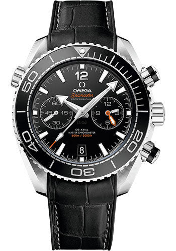 Omega Planet Ocean 600 M Omega Co-axial Master Chronometer Chronograph Watch - 45.5 mm Steel Case - Unidirectional Black Ceramic Bezel - Black Ceramic Dial - Black Leather Strap - 215.33.46.51.01.001