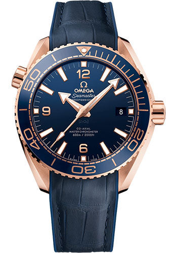 Omega Planet Ocean 600 M Omega Co-axial Master Chronometer Watch - 43.5 mm Sedna Gold Case - Unidirectional Blue Ceramic Bezel - Blue Ceramic Dial - Blue Leather Strap - 215.63.44.21.03.001