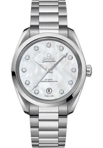 Omega Seamaster Aqua Terra 150M Co-Axial Master Chronometer Ladies Watch - 38 mm Steel Case - White Mother-Of-Pearl Diamond Dial - 220.10.38.20.55.001