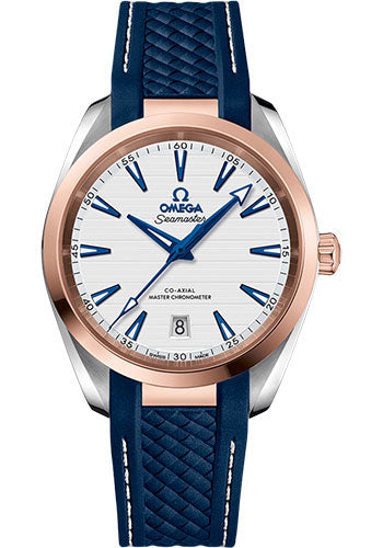 Omega Aqua Terra 150M Co-Axial Master Chronometer Watch - 38 mm Steel And Sedna Gold Case - Silvery Dial - Blue Structured Rubber Strap - 220.22.38.20.02.001