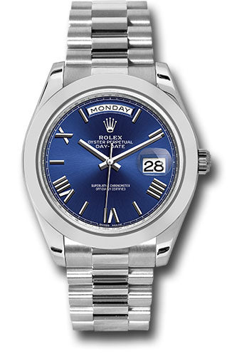 Rolex 950 Platinum Day-Date 40 Watch - Smooth Bezel - Blue Bevelled Roman Dial - President Bracelet - 228206 blrp