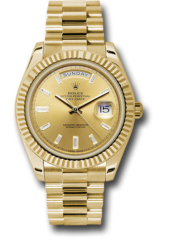 Rolex Yellow Gold Day-Date 40 Watch - Fluted Bezel - Champagne Baguette Diamond Dial - President Bracelet - 228238 chbdp