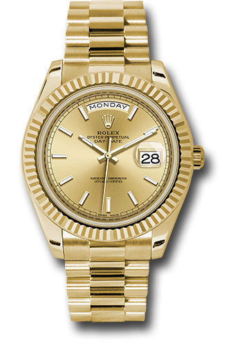 Rolex Yellow Gold Day-Date 40 Watch - Fluted Bezel - Champagne Index Dial - President Bracelet - 228238 chip