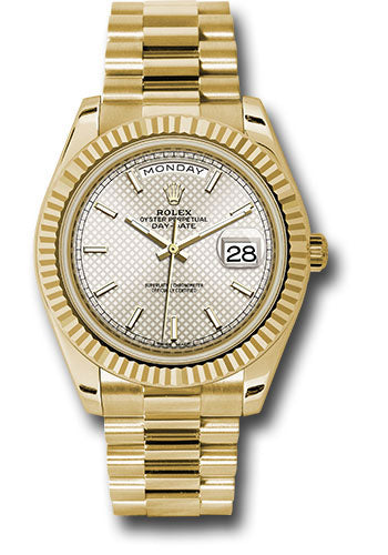 Rolex Yellow Gold Day-Date 40 Watch - Fluted Bezel - Silver Diagonal Motif Index Dial - President Bracelet - 228238 sdmip