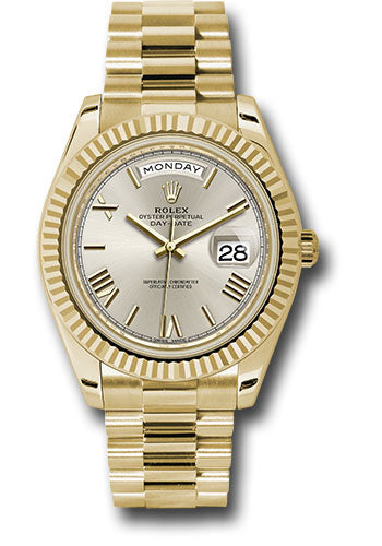 Rolex Yellow Gold Day-Date 40 Watch - Fluted Bezel - Silver Bevelled Roman Dial - President Bracelet - 228238 srp