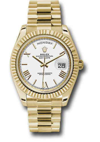 Rolex Yellow Gold Day-Date 40 Watch - Fluted Bezel - White Bevelled Roman Dial - President Bracelet - 228238 wrp