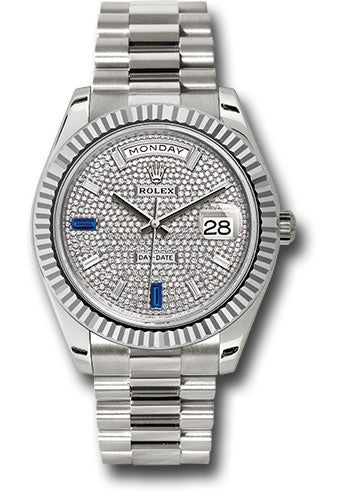 Rolex White Gold Day-Date 40 Watch - Fluted Bezel - Diamond Paved Baguette Diamond Dial - President Bracelet - 228239 dp7d2sp