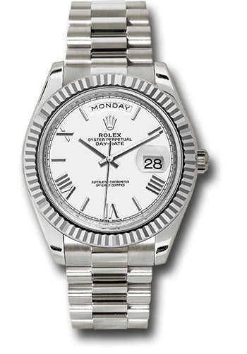 Rolex White Gold Day-Date 40 Watch - Fluted Bezel - White Bevelled Roman Dial - President Bracelet - 228239 wrp