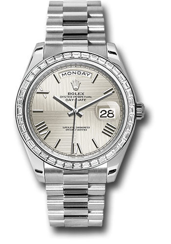 Rolex 950 Platinum Day-Date 40 Watch -  Bezel - Silver Quadrant Motif Bevelled Roman Dial - President Bracelet - 228396TBR sqmrp