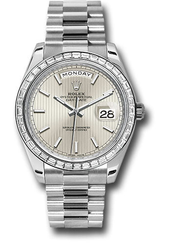 Rolex 950 Platinum Day-Date 40 Watch -  Bezel - Silver Strip Motif Index Dial - President Bracelet - 228396TBR ssmip