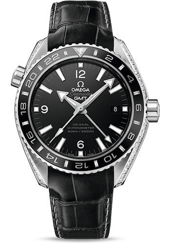 Omega Seamaster Planet Ocean 600 M Omega Co-Axial GMT Watch - 43.5 mm Platinum Case - Black Ceramic Bi-Directional Bezel - Black Dial - Black Leather Strap - 232.98.44.22.01.001
