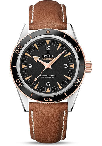 Omega Seamaster 300 Omega Master Co-Axial Watch - 41 mm Steel Case - Sedna Gold Unidirectional Bezel - Black Dial - Brown Leather Strap - 233.22.41.21.01.002