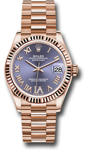 Rolex Everose Gold Datejust 31 Watch - Fluted Bezel - Aubergine Diamond Six Dial - President Bracelet - 278275 aubdr6p