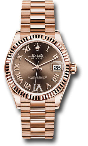 Rolex Everose Gold Datejust 31 Watch - Fluted Bezel - Chocolate Diamond Six Dial - President Bracelet - 278275 chodr6p