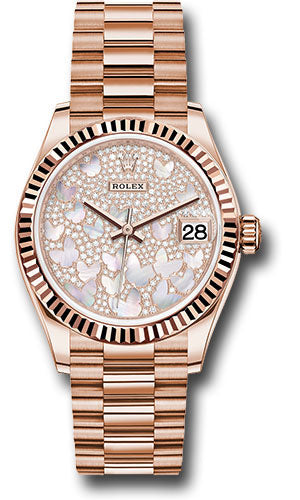 Rolex Everose Gold Datejust 31 Watch - Fluted Bezel - Diamond Paved Butterfly Dial - President Bracelet - 278275 pmopbp