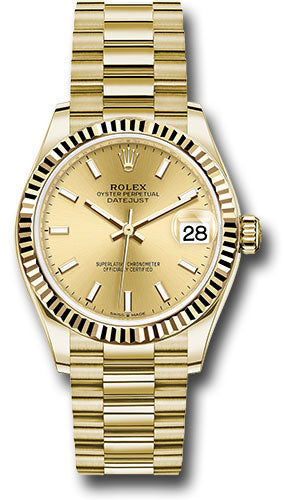 Rolex Yellow Gold Datejust 31 Watch - Fluted Bezel - Champagne Index Dial - President Bracelet - 278278 chip