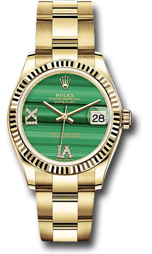 Rolex Yellow Gold Datejust 31 Watch - Fluted Bezel - Malachite Diamond Six and Nine Dial - Oyster Bracelet - 278278 madr69o