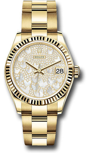 Rolex Yellow Gold Datejust 31 Watch - Fluted Bezel - Paved Mother-of-Pearl Butterfly Dial - Oyster Bracelet - 278278 pmopbo
