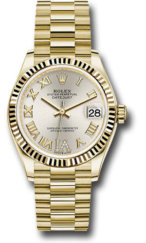 Rolex Yellow Gold Datejust 31 Watch - Fluted Bezel - Silver Diamond Six Dial - President Bracelet - 278278 sdr6p