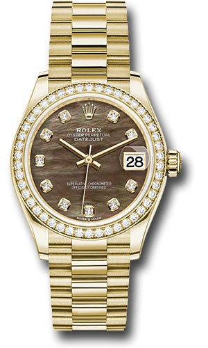 Rolex Yellow Gold Datejust 31 Watch - Diamond Bezel - Dark Mother-of-Pearl Diamond Dial - President Bracelet - 278288RBR dkmdp