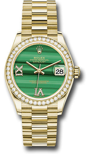 Rolex Yellow Gold Datejust 31 Watch - Diamond Bezel - Malachite Diamond Six and Nine Dial - President Bracelet - 278288RBR madr69p