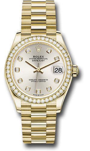 Rolex Yellow Gold Datejust 31 Watch - Diamond Bezel - Silver Diamond Dial - President Bracelet - 278288RBR sdp