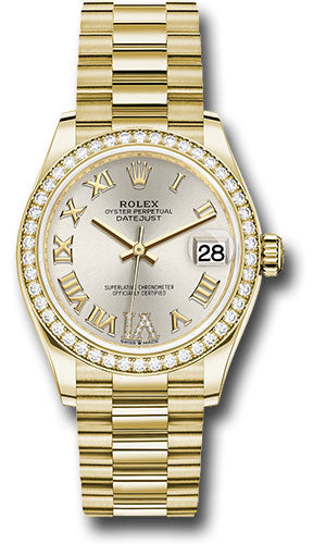 Rolex Yellow Gold Datejust 31 Watch - Diamond Bezel - Silver Diamond Six Dial - President Bracelet - 278288RBR sdr6p
