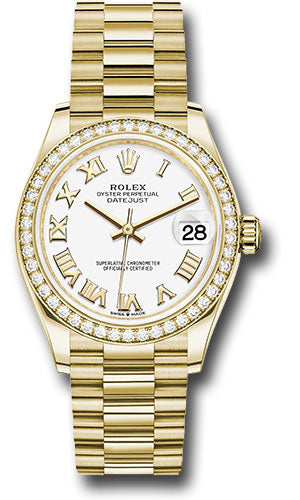 Rolex Yellow Gold Datejust 31 Watch - Diamond Bezel - White Roman Dial - President Bracelet - 278288RBR wrp