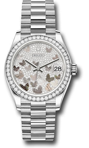 Rolex White Gold Datejust 31 Watch - Diamond Bezel - Diamond Paved Butterfly Dial - President Bracelet - 278289RBR pmopbp