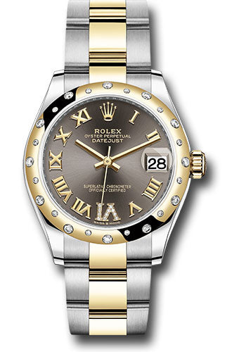 Rolex Steel and Yellow Gold Datejust 31 Watch - Domed Diamond Bezel - Dark Grey Diamond Roman Six Dial - Oyster Bracelet - 278343 dkgdr6o