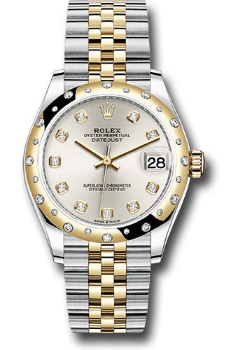 Rolex Steel and Yellow Gold Datejust 31 Watch - Domed Diamond Bezel - Silver Diamond Dial - Jubilee Bracelet - 278343 sdj