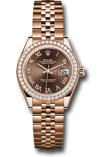 Rolex Everose Gold Lady-Datejust 28 Watch - 44 Diamond Bezel - Chocolate Roman Dial - Jubilee Bracelet - 279135RBR chorj