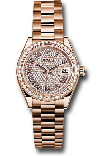 Rolex Everose Gold Lady-Datejust 28 Watch - 44 Diamond Bezel - Sundust Roman Dial - President Bracelet - 279135RBR dprp