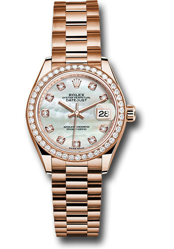 Rolex Everose Gold Lady-Datejust 28 Watch - 44 Diamond Bezel - Mother-of-Pearl Diamond Dial - President Bracelet - 279135RBR mdp