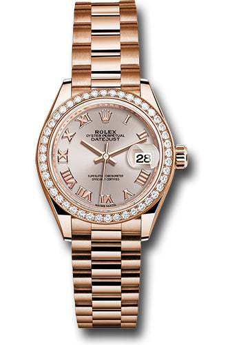 Rolex Everose Gold Lady-Datejust 28 Watch - 44 Diamond Bezel - Sundust Roman Dial - President Bracelet - 279135RBR srp