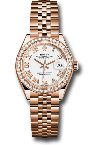 Rolex Everose Gold Lady-Datejust 28 Watch - 44 Diamond Bezel - White Roman Dial - Jubilee Bracelet - 279135RBR wrj